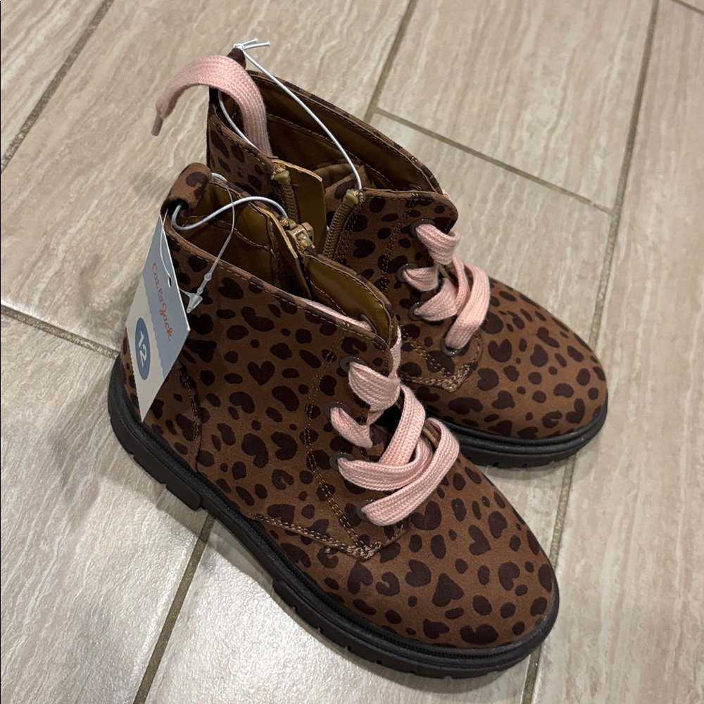 Cat & Jack Brown Leopard Print Kids Boots with Pink Laces - Picture 2 of 3